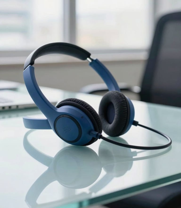 A close-up photograph of a modern telephone headset resting on a sleek glass desk in a bright South American / Brazilian corporate office, with soft sunlight filtering through windows in the background, professional and clean aesthetic, ice blue and dark blue accents.