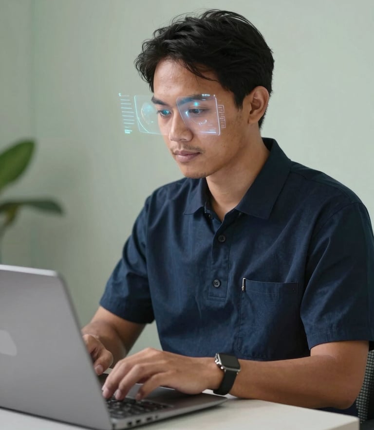 A high-quality lifestyle photograph of an Indonesian worker in a clean, professional environment using a laptop. A subtle holographic interface glow reflects on their face, signifying AI learning. Sophisticated and empowering mood. Soft sage and dark navy color palette.
