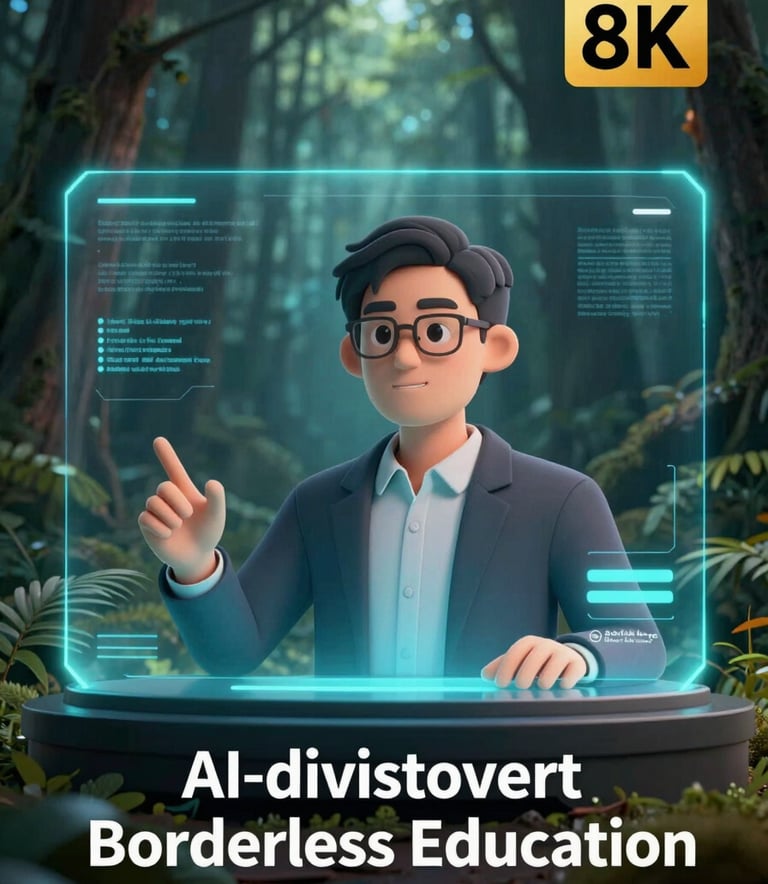 A photorealistic 3D avatar of a digital lecturer appearing as a high-quality hologram in a dark forest teal studio setting, professional lighting, representing AI-driven borderless education.