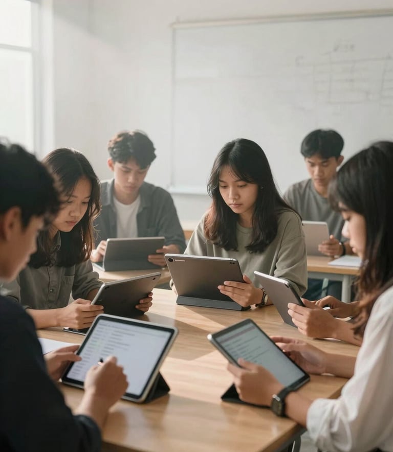 A diverse group of ambitious Indonesian students using advanced digital tablets in a mist-colored minimalist learning space, soft morning light, professional photography style.