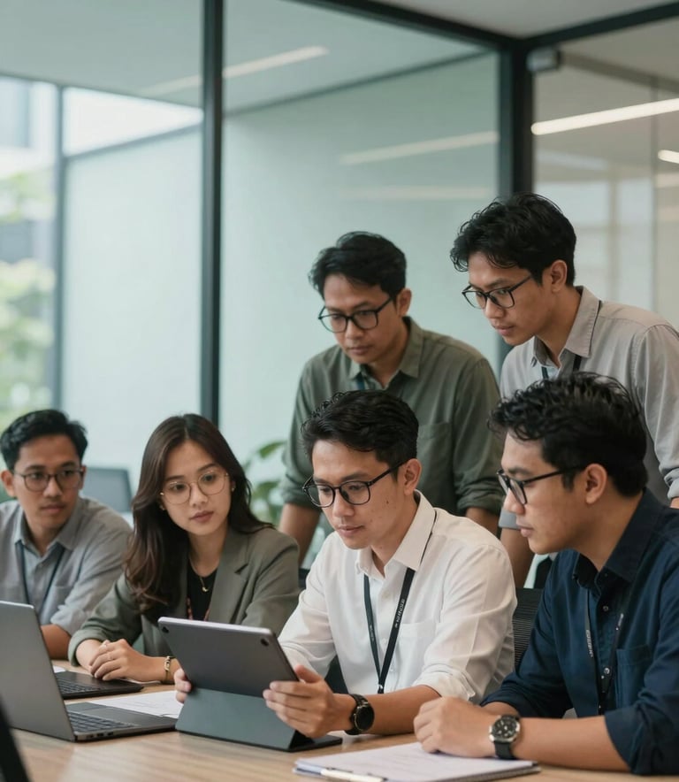 A professional, candid photograph of a group of Indonesian tech professionals in a modern glass-walled office in Jakarta. They are looking at a tablet together. The lighting is bright and natural. The room has subtle forest teal and pale mist accents in the decor.