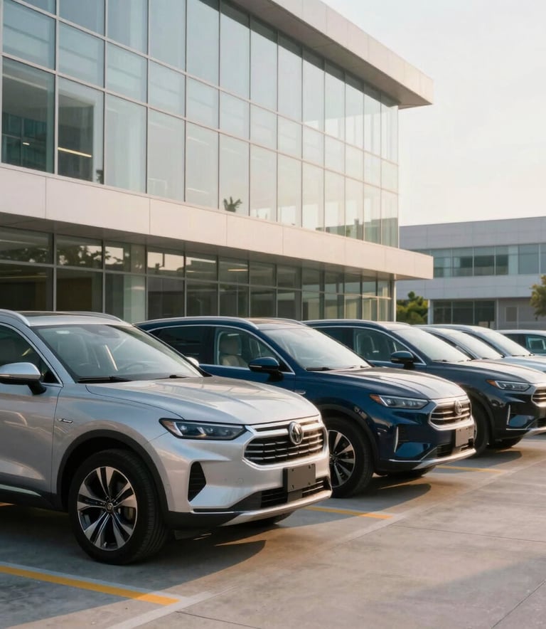 A wide-angle, brightly lit photograph of a row of modern silver and dark blue SUVs parked outside a contemporary North American glass office building. Clean, professional atmosphere with morning light.