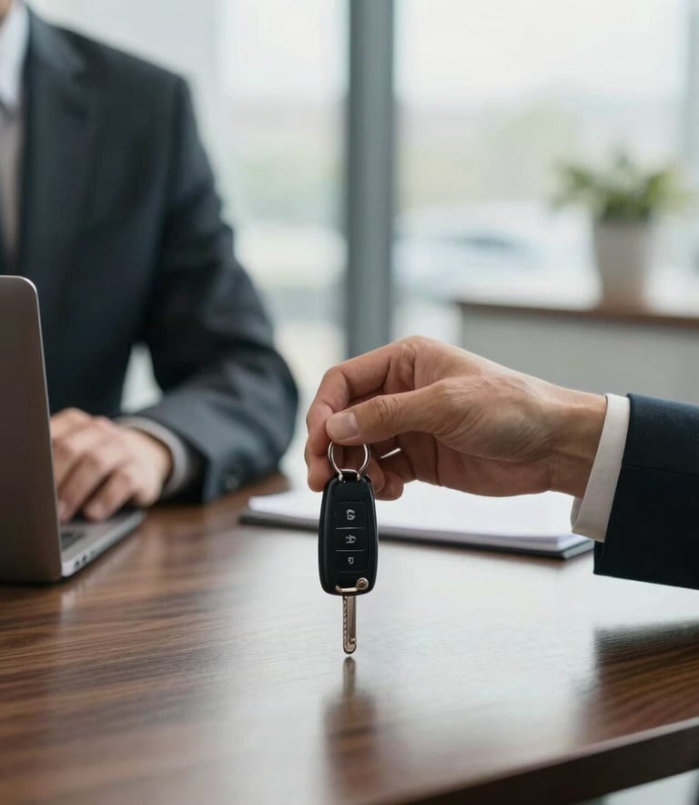 A close-up photograph of a professional hand handing over a set of modern car keys to a customer over a polished dark wood desk in a bright, modern North American office. Soft natural light through large windows creates a trustworthy and sophisticated atmosphere.