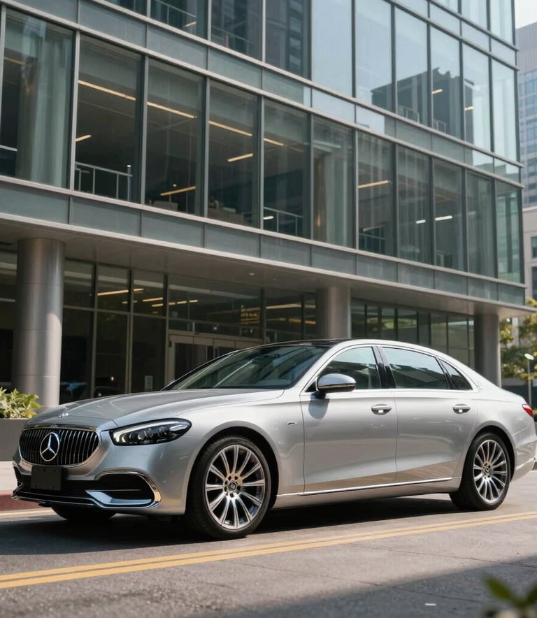 A high-end executive silver sedan parked in front of a contemporary glass office building in a North American business district, bright daylight, sharp focus, professional photography style.