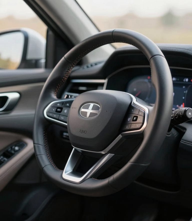 Interior view of a modern car's leather-wrapped steering wheel and digital dashboard, clean and sophisticated design, soft morning light in a North American setting.