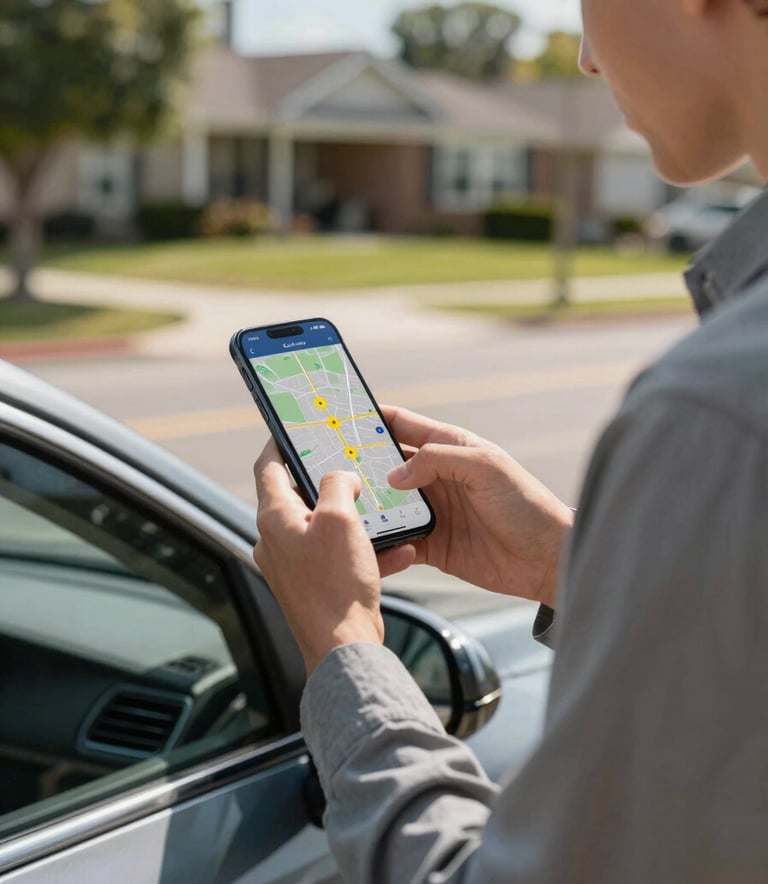 A person in professional casual attire standing by a parked car in a bright North American suburban setting, looking at their smartphone screen which displays a modern map interface with yellow markers.