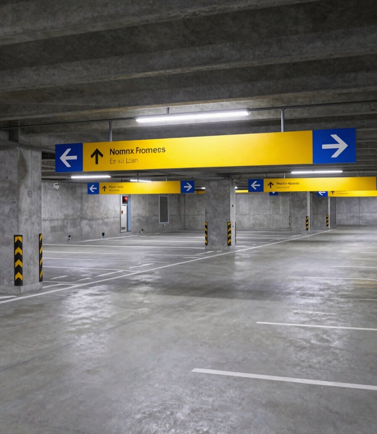 A wide shot of a modern, well-lit parking garage in a North American city, featuring clean concrete surfaces and bright yellow and blue directional signs.