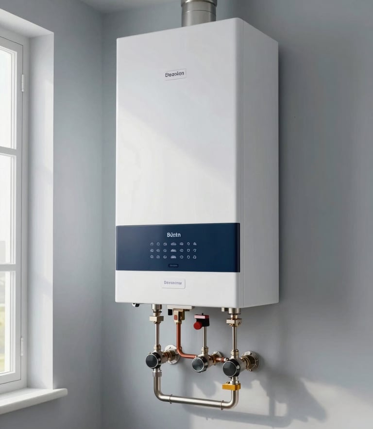 A wide shot of a modern, sleek boiler system installed in a residential utility room. The room has a professional and clean aesthetic with pale grey-blue walls. The boiler unit is white with dark navy blue details. Soft, natural light fills the space.