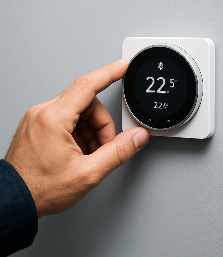 A close-up photograph of a professional technician's hand adjusting a high-tech digital thermostat. The background features a clean wall in pale grey-blue, with the technician wearing a dark navy blue sleeve. The lighting is bright and clear, emphasizing technical precision.