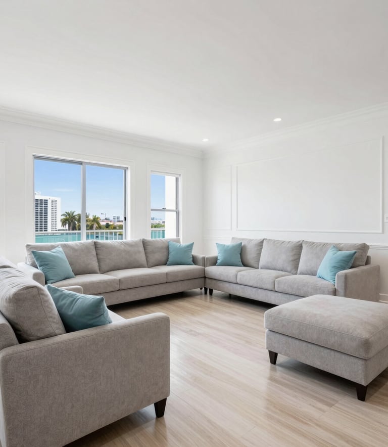 Wide-angle shot of a beautifully restored North American living room in Miami, showing clean lines, bright white walls, and polished floors after professional restoration. High-end real estate photography style with light blue accents.