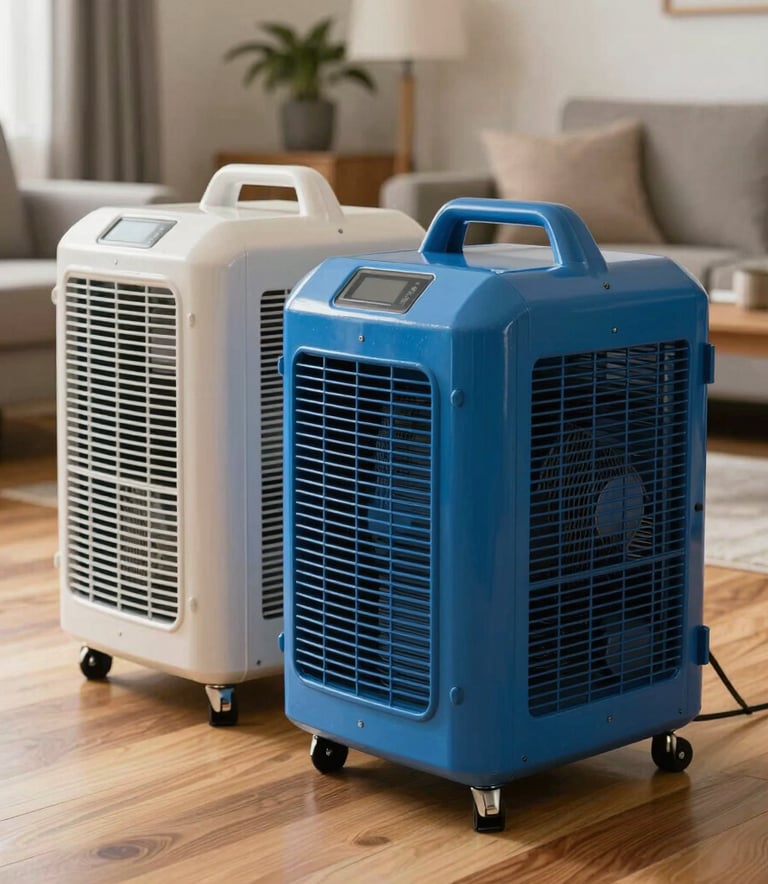 A close-up photograph of high-tech industrial dehumidifiers and blue air movers operating on a hardwood floor in a modern North American living room, soft natural light, professional restoration equipment.