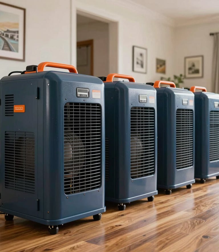 A row of professional industrial air movers and high-capacity dehumidifiers placed on a hardwood floor in a North American residential living room. Professional restoration equipment in dark blue and orange.