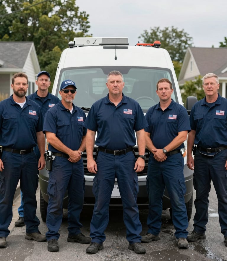A group of professional water damage restoration technicians standing confidently in front of their service van, wearing branded navy blue uniforms, North American suburban background.