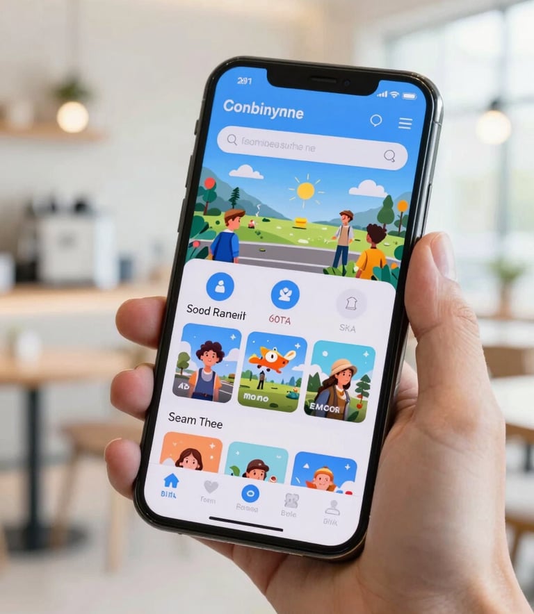 Close-up photography of a high-end smartphone screen held in a hand, displaying a polished and colorful mobile game interface. The background is a soft-focus modern cafe. Global / English-speaking. Bright light blue and off-white tones.