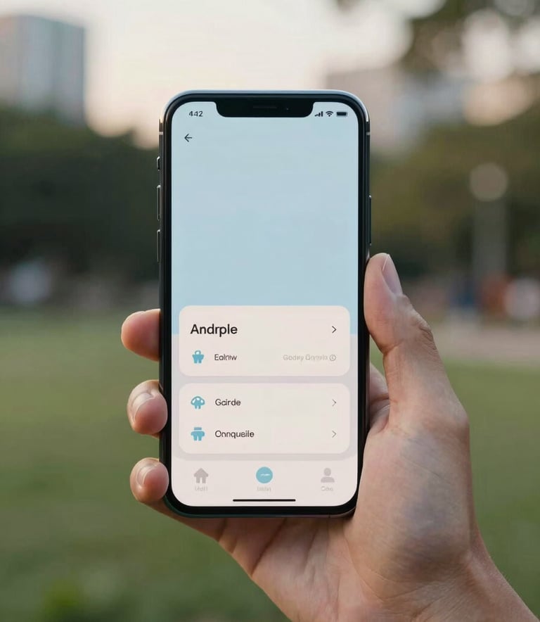 A close-up photography of a hand holding a sleek smartphone in an urban park in a Global English-speaking region, displaying a minimalist Android app with soft light blue and off-white user interface elements, late afternoon natural light.