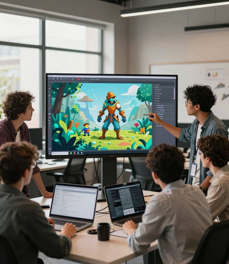 A diverse team of designers and developers in a modern, sunlit tech studio in a Global English-speaking region, collaborating over a large screen showing a vibrant game character sketch with teal and light blue accents.