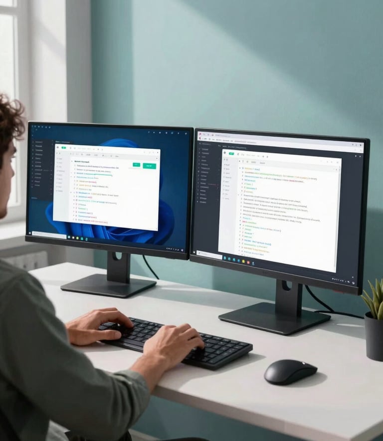 A focused Android developer working at a minimalist workstation with dual monitors showing vibrant application mockups and clean code. The room is a modern, sunlit tech studio in a Global / English-speaking city. The color palette features muted teal and light blue accents.