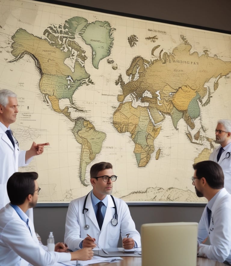 Photo of a diverse group of doctors discussing medicines with a world map in the background