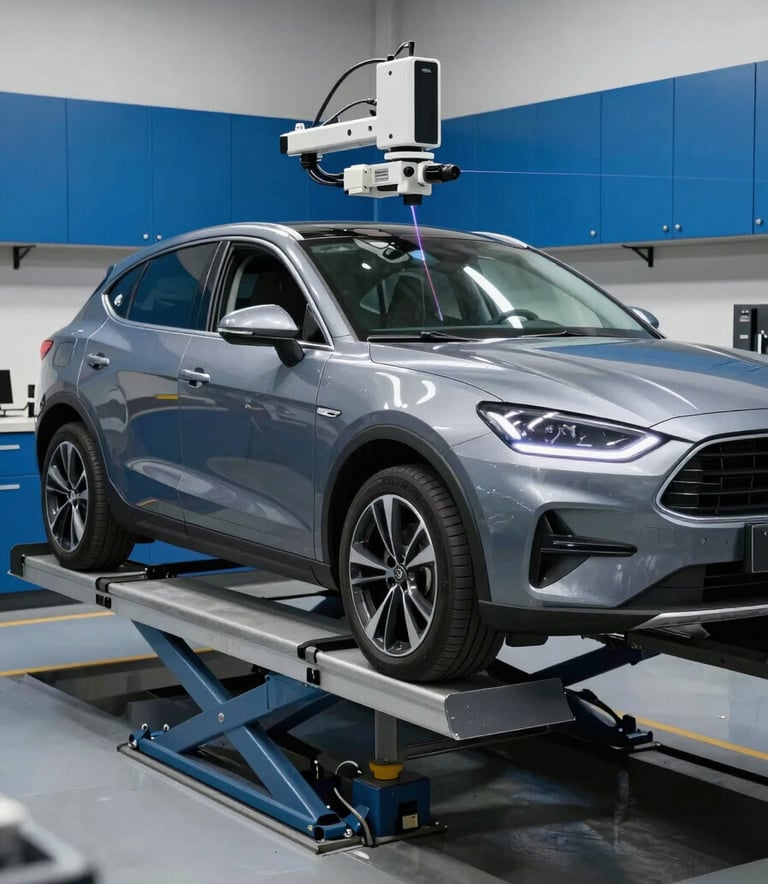 A clean, high-tech automotive diagnostic scene in North America. A modern vehicle is positioned on a frame alignment machine with laser measurement tools casting thin light lines across the car body. The background is a tidy garage with steel blue cabinets.
