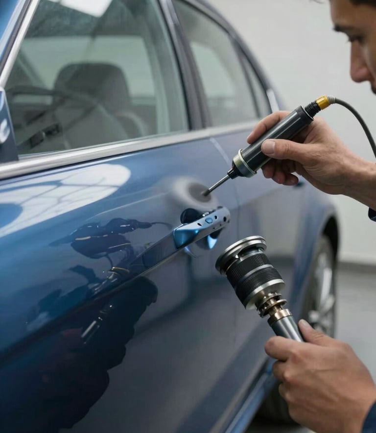 Macro photography of a professional technician in a clean workshop in North America, focusing on a car door being spray-painted with precision. The paint is a deep metallic blue, reflecting soft overhead lighting.