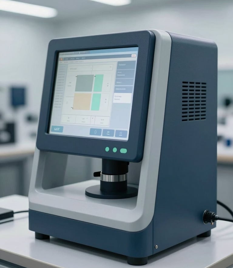 Close-up of a high-tech computerized paint-matching system in a modern North American / US auto body shop. The lighting is crisp and sterile. Focus on the precision of the technology with dark blue and light gray accents.