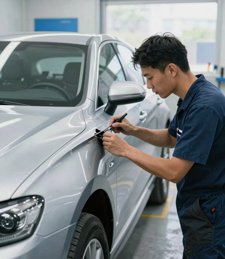 A professional auto body technician in a clean, modern workshop in North American / US, focusing on precise panel alignment of a late-model silver sedan. Soft, bright natural light. The environment features medium blue and light gray equipment.