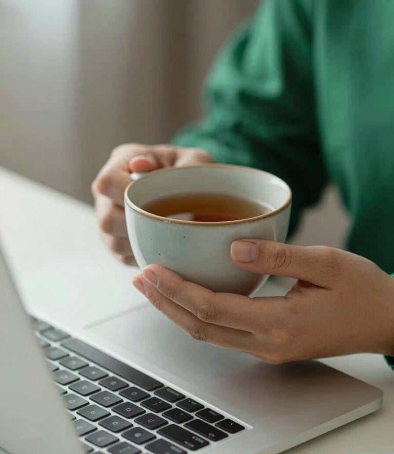 A close-up, calming shot of a person's hands holding a ceramic cup of tea near a laptop, signifying a comfortable home therapy environment. Soft lighting, professional and empathetic mood, featuring accents of #5DA399 and #A7D9D3 in the room decor.