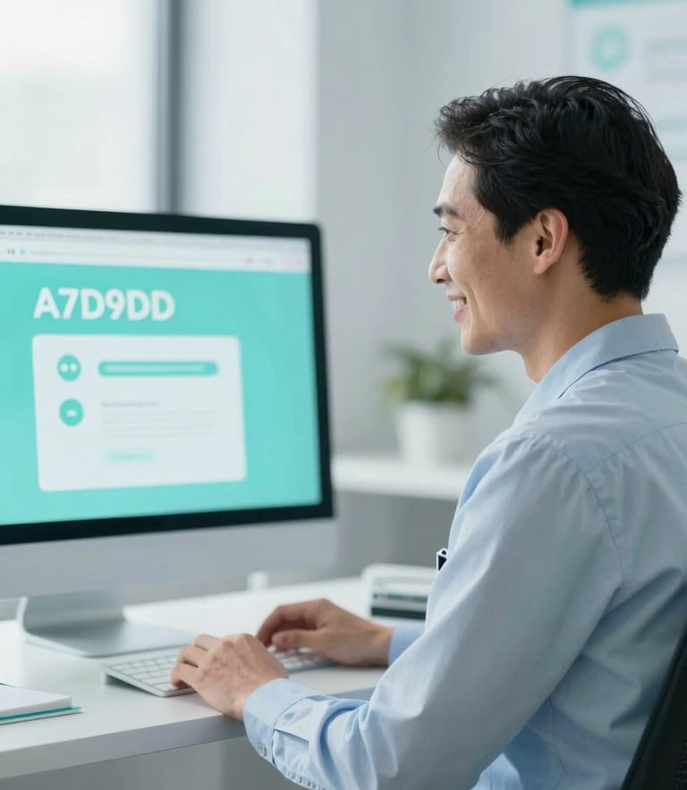 A professional and friendly psychologist sitting in a brightly lit, modern office with soft blue accents, looking at a screen with a supportive expression. The atmosphere is trustworthy and serene, incorporating #A7D9D3 tones.
