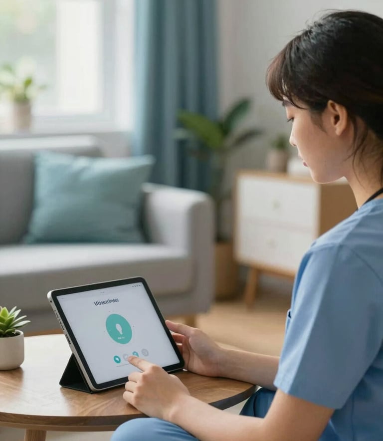 A high-quality lifestyle shot of a person in a cozy, sunlit room having a therapy session via tablet. The scene is peaceful and serene, featuring soft blue and teal decor that matches the brand mood of modern wellness and confidential care.