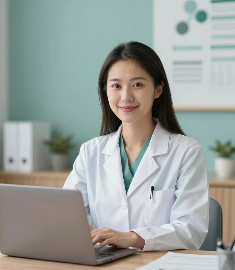 A professional psychologist sitting in a bright, modern office, looking warmly into a laptop camera. The environment is calming with soft teal accents and natural wooden furniture. The lighting is soft and empathetic, reflecting a trustworthy clinical atmosphere with a palette of soft teal and white.