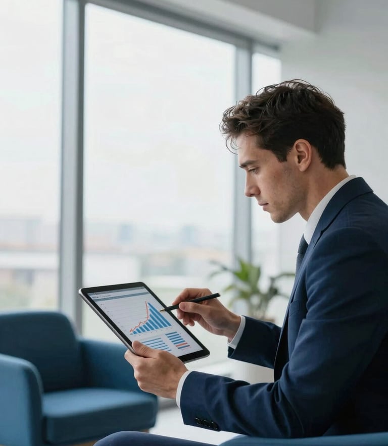 A professional in a modern North American / US office setting using a high-end tablet to review financial growth charts. The room is bright with large windows, featuring minimalist furniture in midnight blue and sky blue tones.