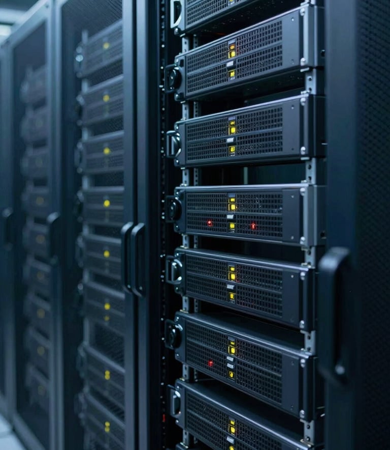 A high-tech North American / US data center environment, Soft Azure and Dark Navy lighting, soft depth of field focusing on hardware racks.