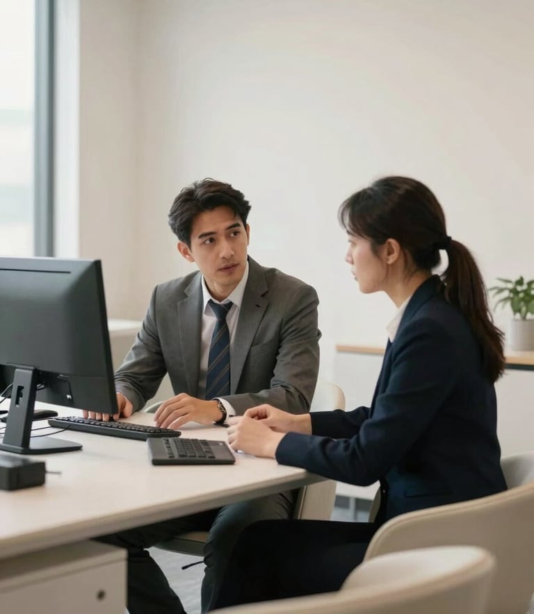 A focused professional in a modern North American / US corporate setting, collaborating in a bright room with Pearl Mist walls and Pearl Mist furniture, soft natural lighting.