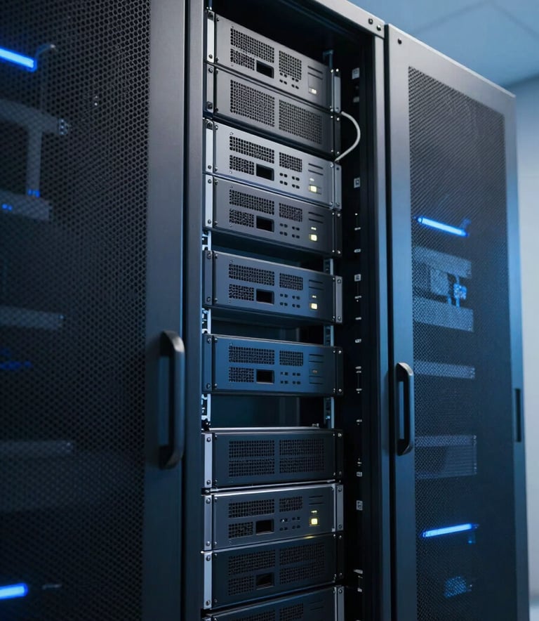 A sleek, high-tech server room environment in a North American / US facility. Subtle sky blue and midnight blue lighting highlights the metallic textures of the equipment, suggesting advanced security and reliable fintech infrastructure.