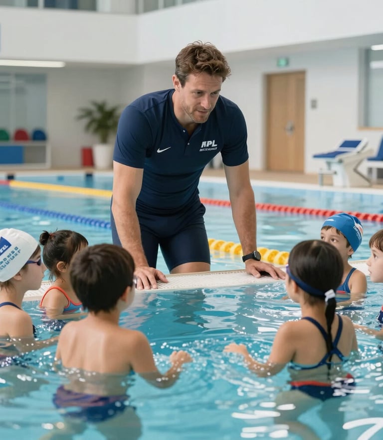 A professional swimming coach wearing a navy blue uniform calmly instructing a group of children at a pool. The setting is a modern European sports facility, conveying a warm and trustworthy atmosphere.