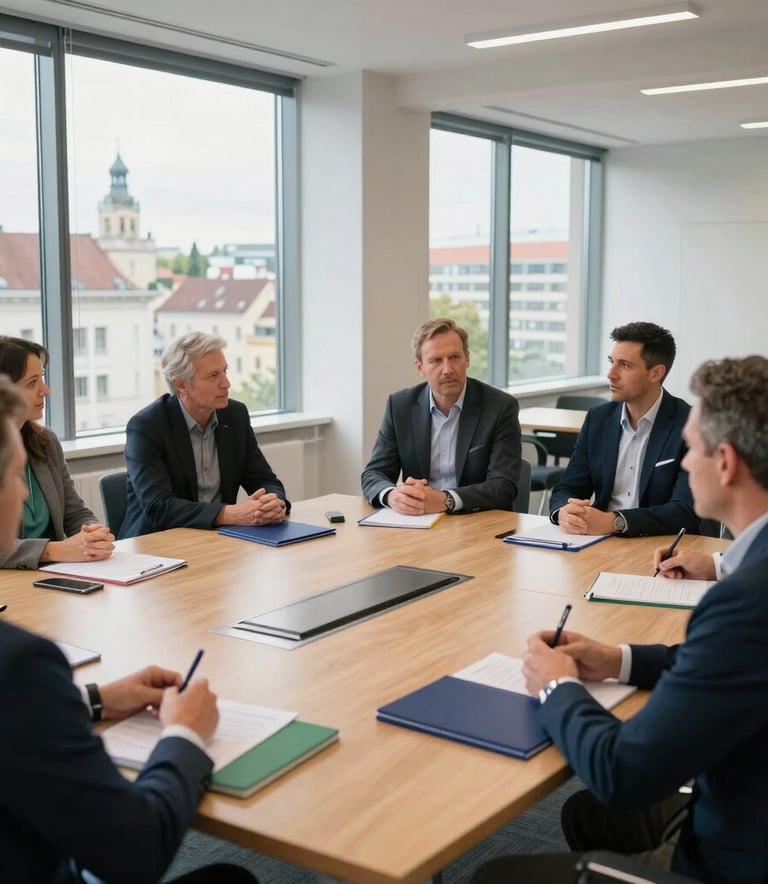 A group of professional sports administrators and coaches participating in a safeguarding workshop in a bright, modern European conference room. They are seated around a wooden table with deep navy blue folders and green notebooks, with large windows overlooking a city in Central Europe.