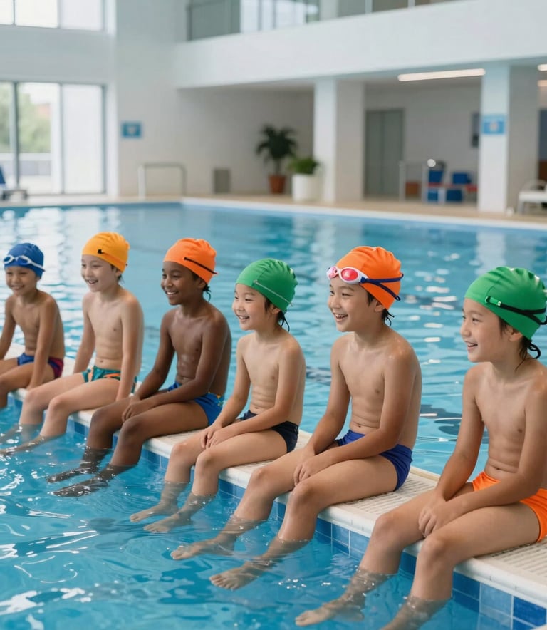 A high-quality, professional photograph of a group of diverse children sitting safely on a pool deck, smiling and laughing in a bright, modern Central European aquatic center. The water is a clear deep navy blue, and the kids wear orange and green swimming caps.