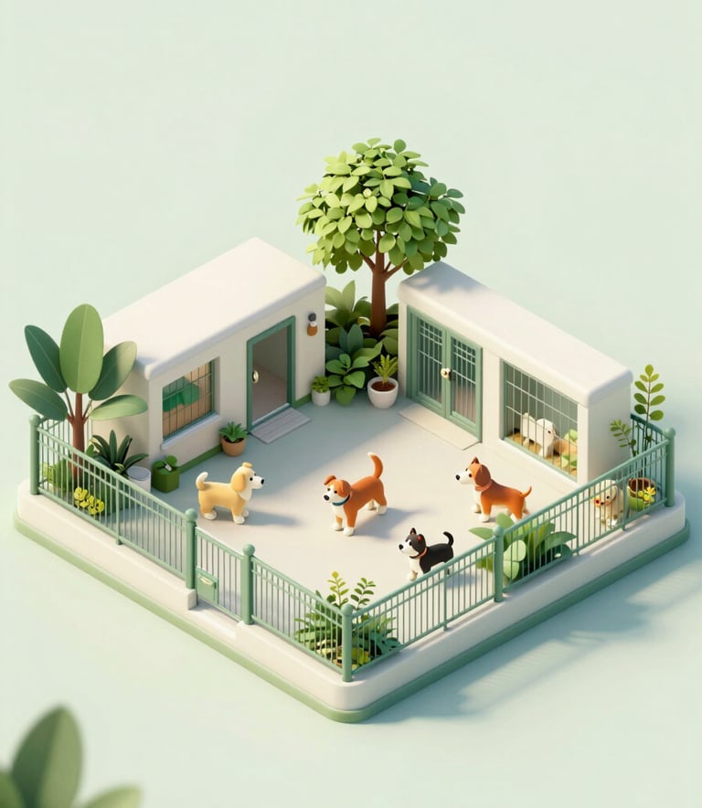 A 3D isometric view of a modern, clean animal shelter filled with greenery and sunlight. Stylized 3D dogs are seen playing and resting. The color palette uses #9BB4A6 and #F8F9F3 to create a trustworthy and serene atmosphere.