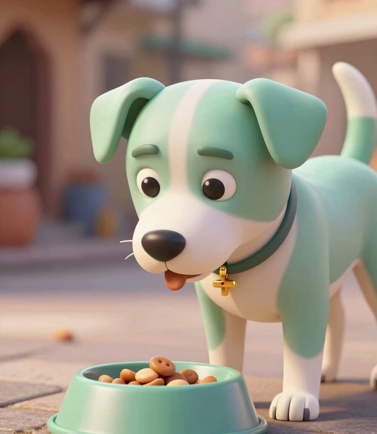 A high-quality 3D render of a street dog receiving food from a bowl. The setting is a stylized Varanasi street with cobblestones and warm, soft lighting. The dog has expressive, hopeful eyes. Colors include sage green #9BB4A6 and off-white #F8F9F3. Modern, clean 3D aesthetic with soft textures.