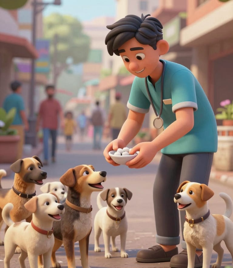 A high-quality 3D render of a compassionate volunteer feeding a group of happy street dogs in a stylized, clean Varanasi street setting. The scene features soft, warm lighting and incorporates shades of #4F6C5B and #9BB4A6 for the environment, emphasizing hope and empathy.