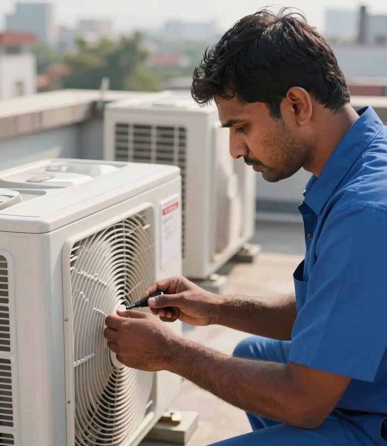 A close-up photograph of a professional South Asian technician in a blue uniform inspecting an outdoor air conditioning unit on a Bangalore rooftop during the day, sunny natural lighting, sharp focus.