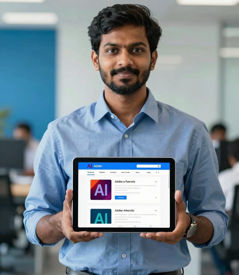 A professional portrait of a technical expert in a modern Tamil Nadu office setting, holding a tablet showing Adobe product pages, background featuring corporate elements in #1F3F6B and #507DA4.