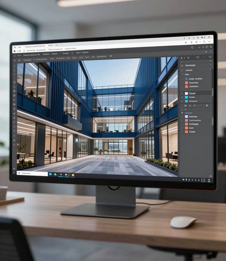 A sophisticated architectural space design rendering on a wide screen, featuring modern office aesthetics with sleek glass and dark blue metal accents (#1F3F6B), professional lighting, Autodesk software interface visible, following the corporate mood.