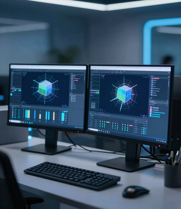 A high-tech IT office interior in Tamil Nadu featuring dual-monitor workstations displaying complex 3D Autodesk designs. The lighting is cinematic and cool, dominated by deep navy blue and soft cyan highlights, matching the brand palette of #0A1429 and #507DA4. Professional, modern, and innovative atmosphere.