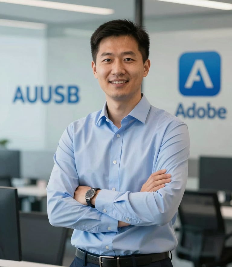 A professional portrait of an IT consultant in a modern office, surrounded by subtle branding of Autodesk and Adobe software logos on glass partitions. The color scheme uses #1F3F6B and #E0E8F2. Sophisticated lighting highlights the technical expertise and authoritative mood of the company.