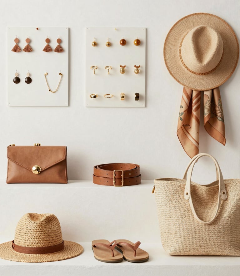 Close-up of stylish accessories like scarves and hats arranged on a rustic wooden table