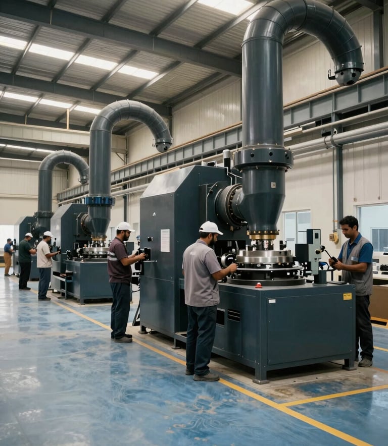 A wide-angle professional photograph of a spacious, modern duct factory in Riyadh. Workers in professional gear operate heavy machinery. The color palette is dominated by Dark Charcoal equipment and Dusty Steel Blue flooring under bright, even light.