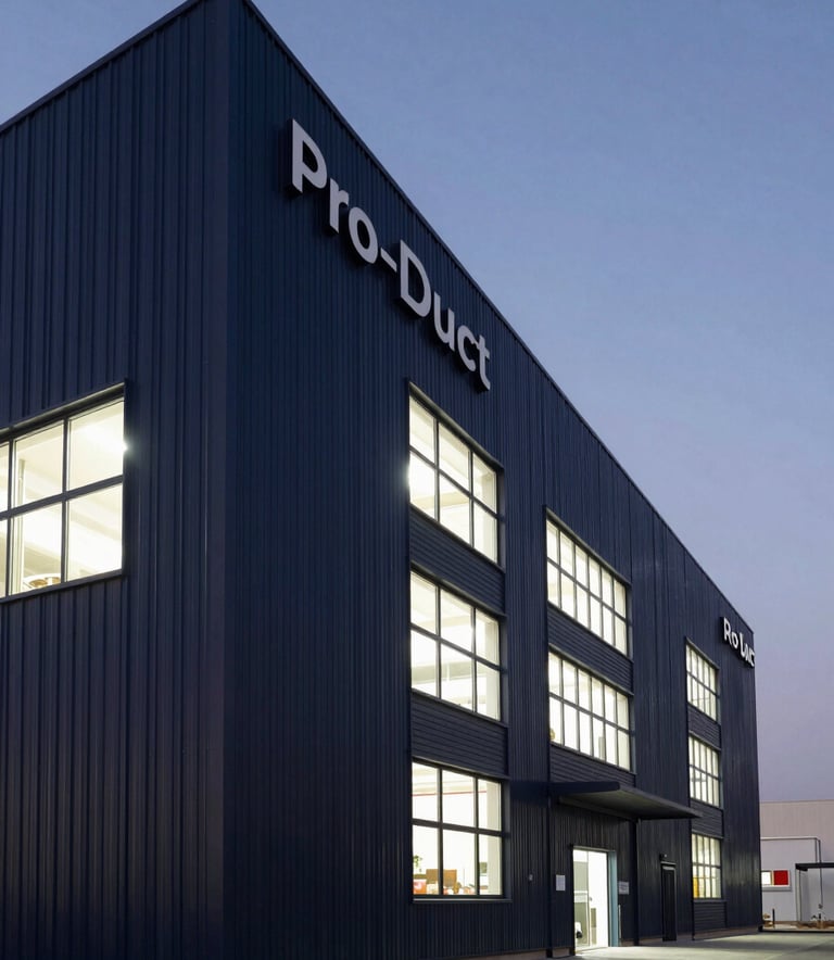 A low-angle architectural photograph of the Pro-Duct manufacturing plant in Riyadh. The modern facade features dark charcoal blue steel panels and bright industrial windows against a clear twilight sky.