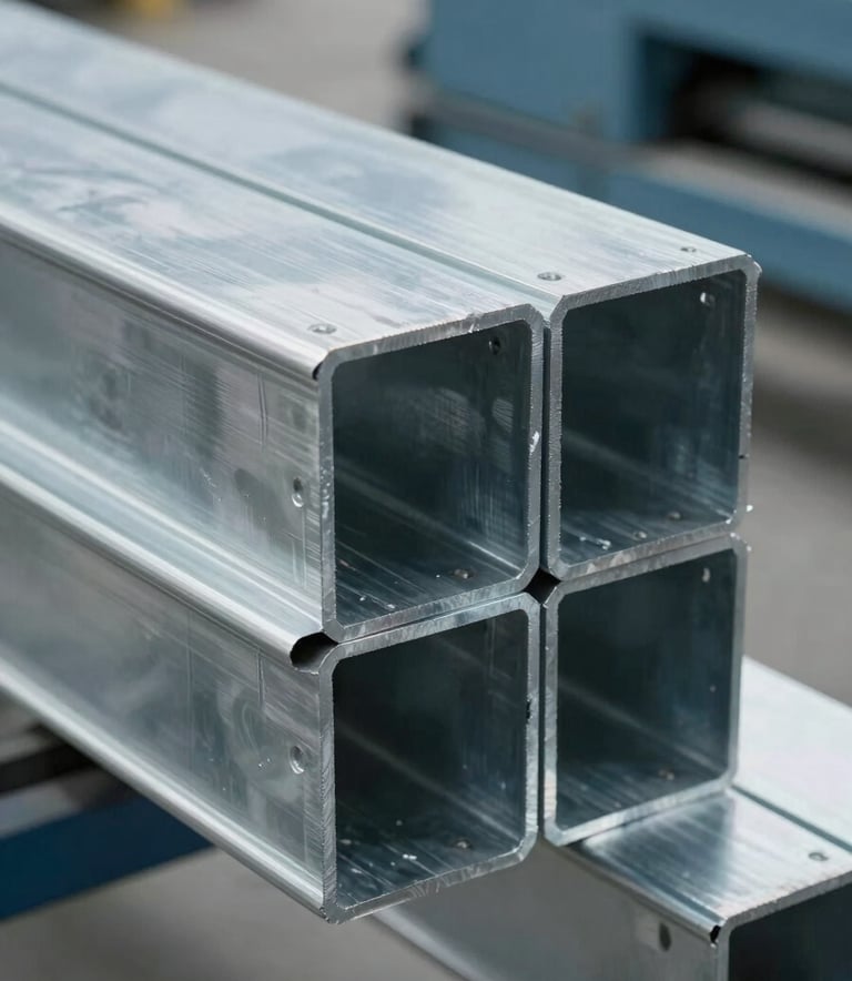 A close-up photograph of high-precision galvanized steel ductwork segments. The metal surfaces are clean and reflective, catching Soft Mist White studio lighting. The background features Muted Slate Blue industrial machinery in a soft blur.
