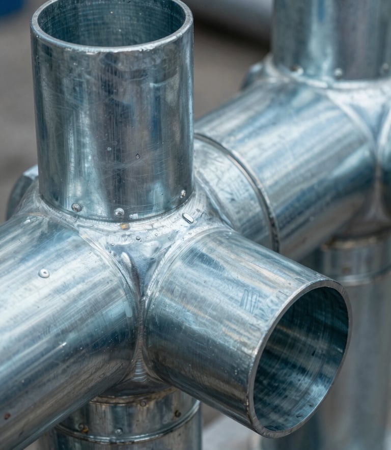 A sharp, detailed macro photograph of industrial galvanized steel duct joints, highlighting precision manufacturing and high-quality materials. The metal surface has a cool steel blue sheen with soft grayish blue highlights.
